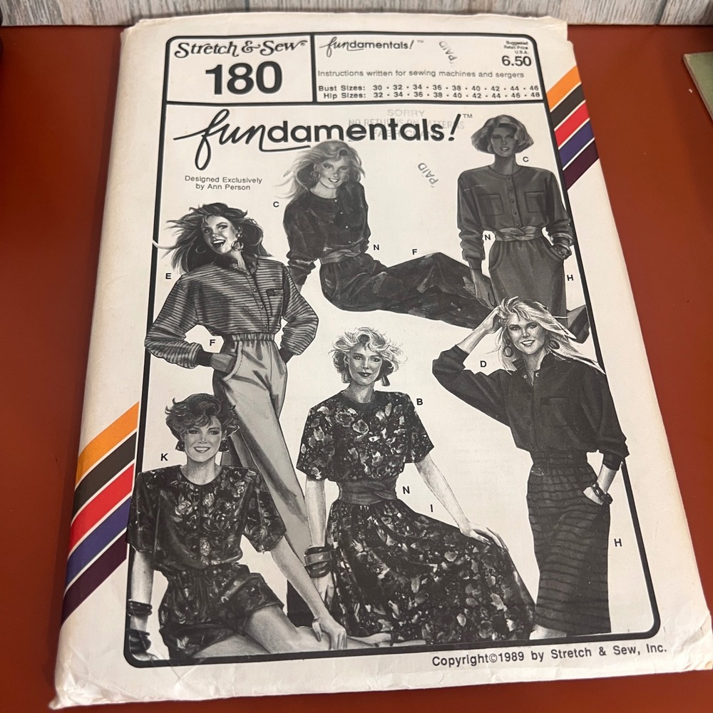 VTG Uncut 1989 Stretch & Sew 180 Fundamentals Pattern Ann Person MultiSize 30-46
